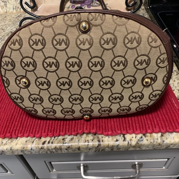 Michael Kor Canvas Monogram Bucket Handbag -Trimmed in Leather, Top Roll Handles - Picture 3 of 5